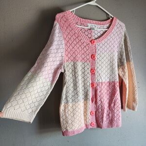 CJ Banks Colorblock Knit Cardigan Sweater Pink Cream Pointelle Open Knit Size X